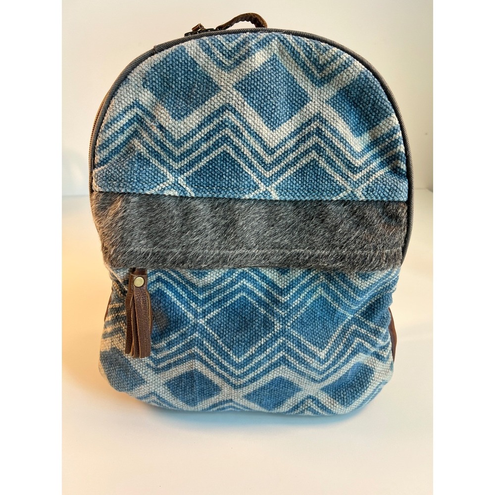 Myra Bag Blue & White Patterned‎ Canvas Backpack with Hair-On Hide Accent